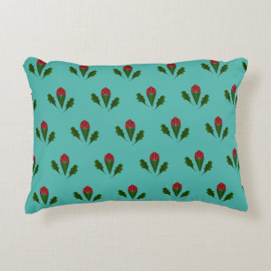 Abstract Red Roses & Leaves Floral, Fountain Blue Accent Pillow