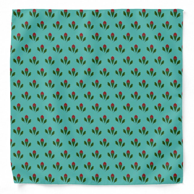 Abstract Red Roses & Leaves Floral, Fountain Blue Bandana (Front)