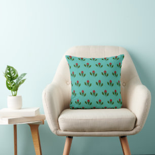 Abstract Red Roses & Leaves Floral, Fountain Blue Throw Pillow