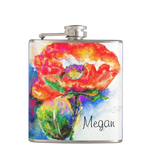 Abstract red watercolor floral painting hip flask