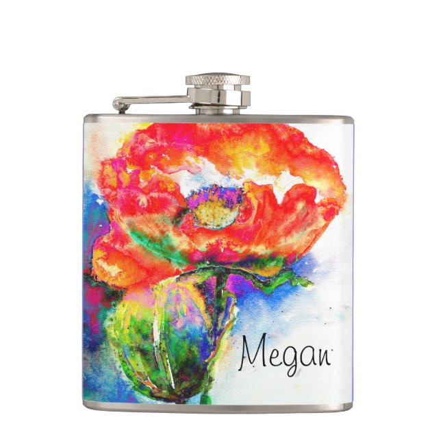 Abstract red watercolor floral painting hip flask (Front)