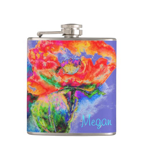 Abstract red watercolor floral painting hip flask