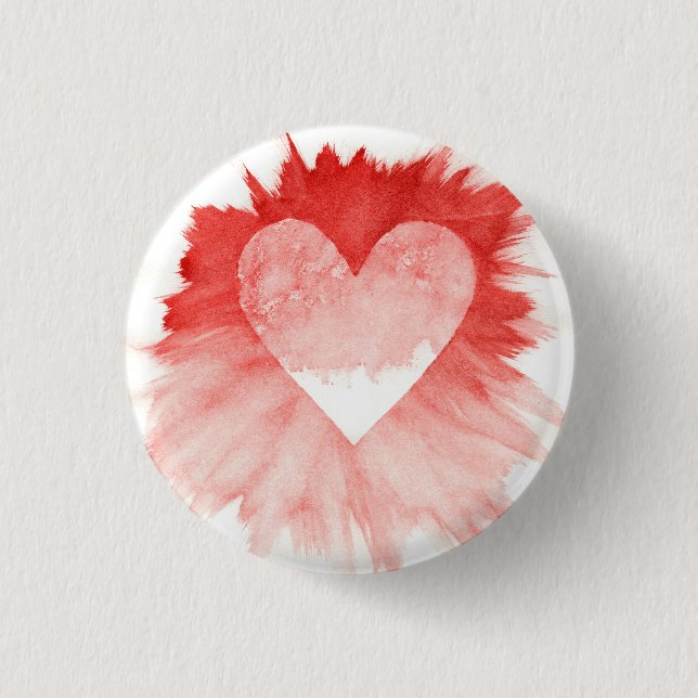 Abstract Red Watercolor Splash Heart Round Button  (Front)