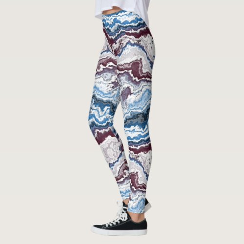 Abstract Red White Blue Minerals Agate Art Pattern Leggings