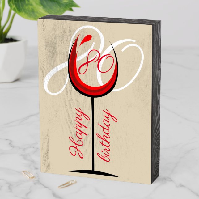 Abstract Red Wine Glass 80th Birthday Wooden Box Sign (In Situ Vertical)
