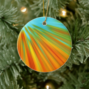 Abstract red yellow orange green stripes on blue ceramic ornament