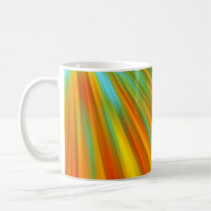 Abstract red yellow orange green stripes on blue coffee mug