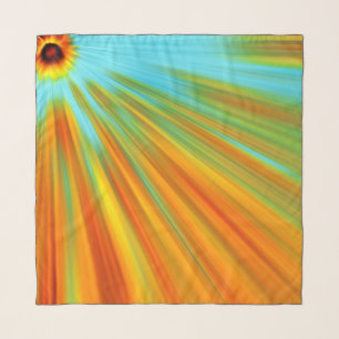 Abstract red yellow orange green stripes on blue scarf