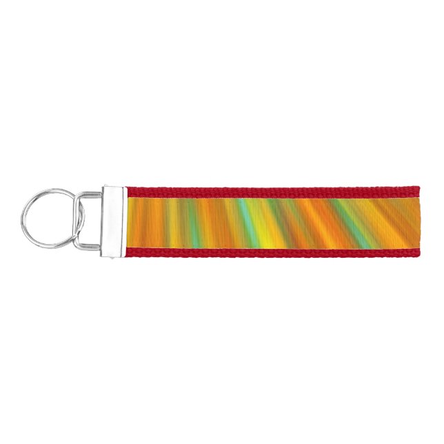 Abstract  red yellow orange green stripes on blue  wrist keychain (Keys on Left)