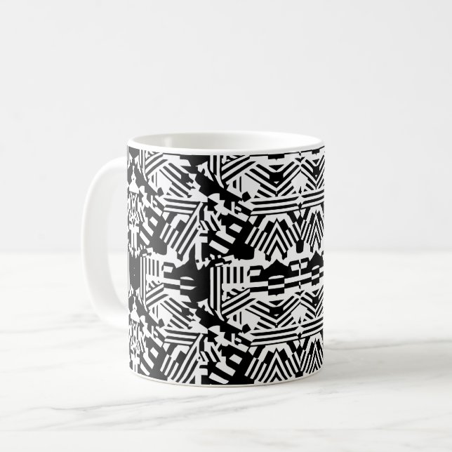 Abstract Reflections: Lines, Cubes, and Monochrome Coffee Mug (Front Left)