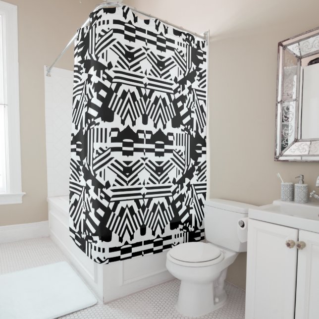 Abstract Reflections: Lines, Cubes, and Monochrome Shower Curtain (In Situ)