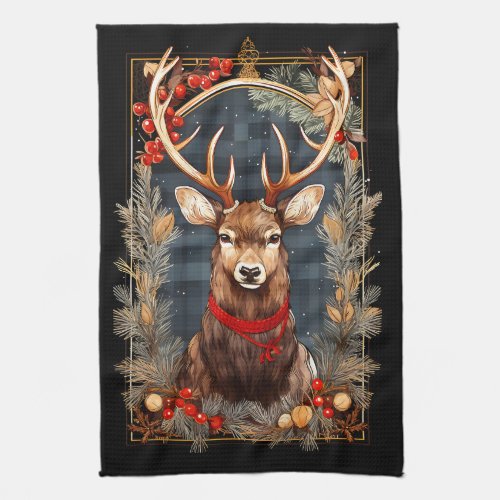 Abstract Reindeer Antlers Red and Green Pine Kitchen Towel