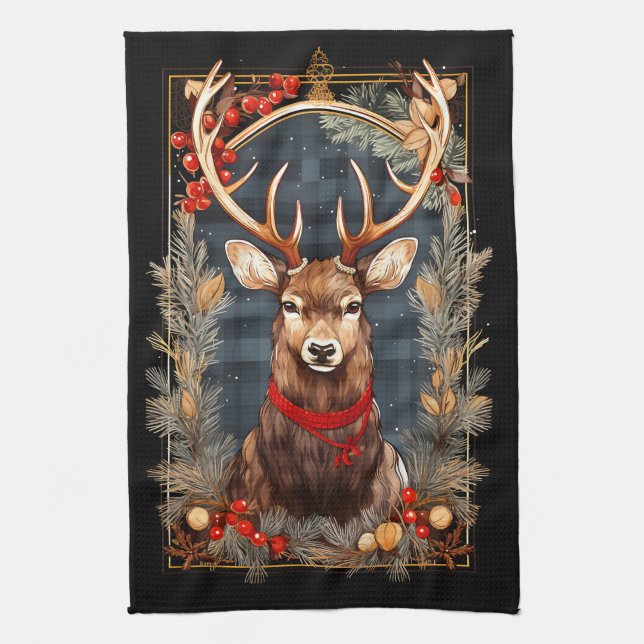 Abstract Reindeer Antlers Red and Green Pine Kitchen Towel (Vertical)
