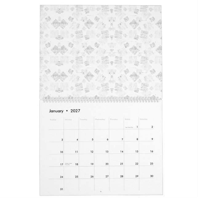 Abstract repeating pattern of stylized shapes in l calendar (Jan 2027)