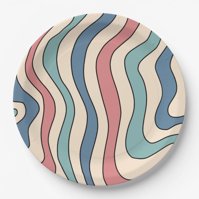 Abstract Retro 70s Marble Blue Red Groovy Pattern Paper Plates (Front)