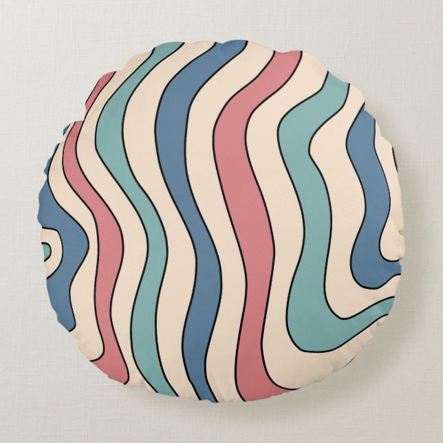 Abstract Retro 70s Marble Blue Red Groovy Pattern Round Pillow (Front)