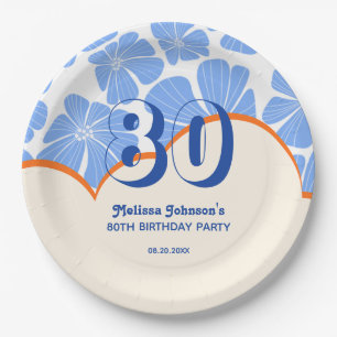 Abstract Retro Blue Chamomile Flower Birthday Paper Plates