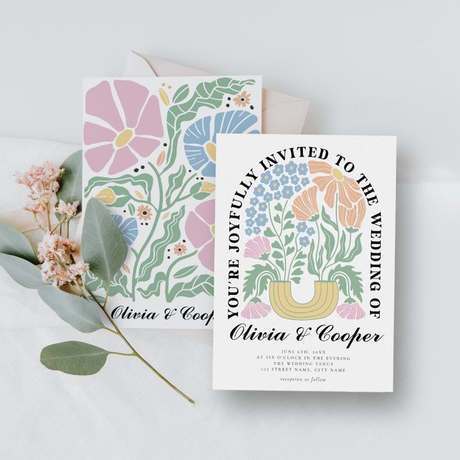 Abstract Retro Bright Colorful Floral Wedding Invitation (Creator Uploaded)