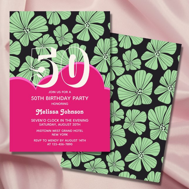 Abstract Retro Chamomile Floral Pink Birthday Invitation (Creator Uploaded)