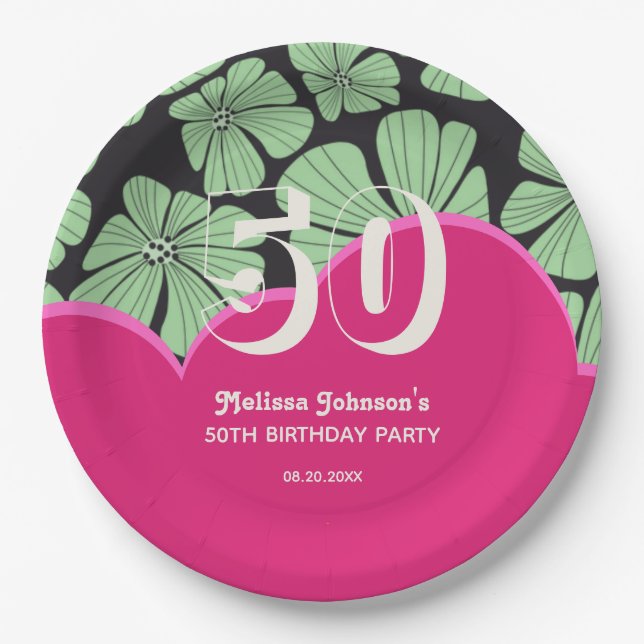 Abstract Retro Chamomile Floral Pink Birthday Paper Plates (Front)