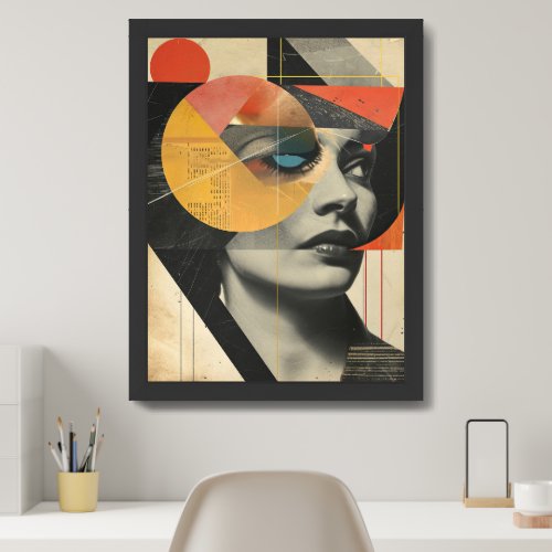 Abstract retro collage modern geometric woman framed art