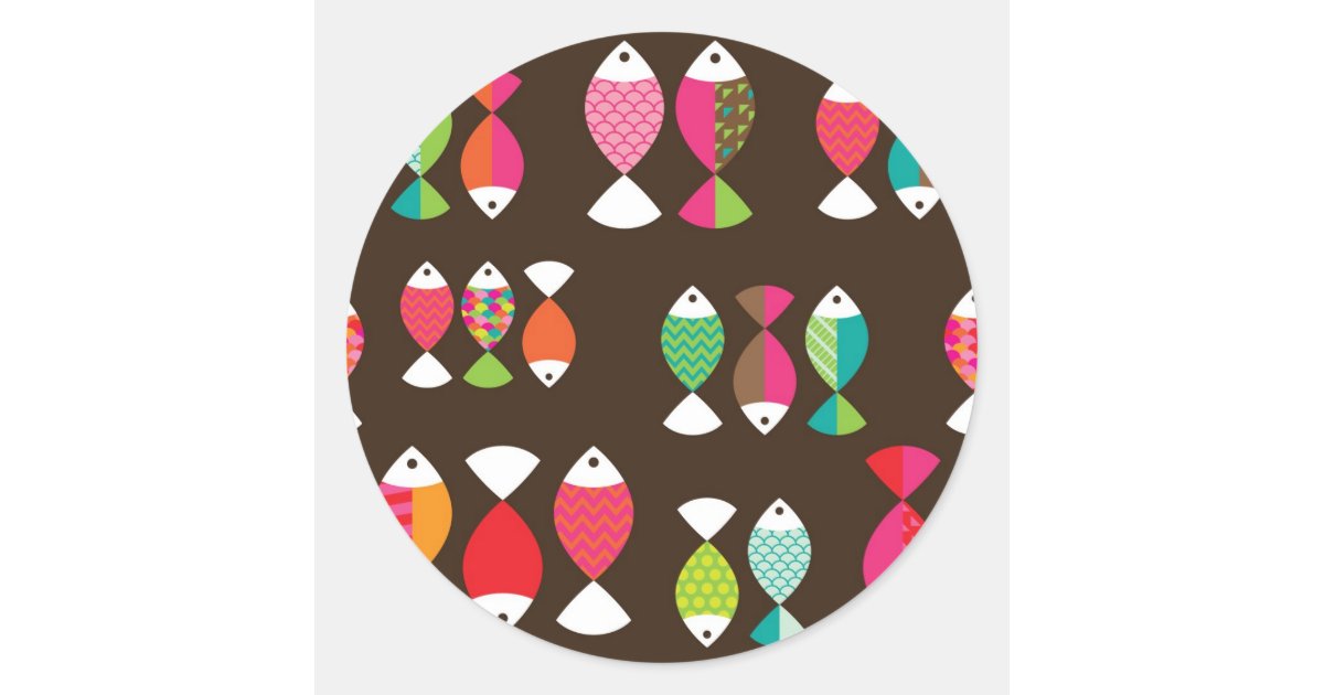 Abstract retro fish underwater pattern 2 classic round sticker | Zazzle