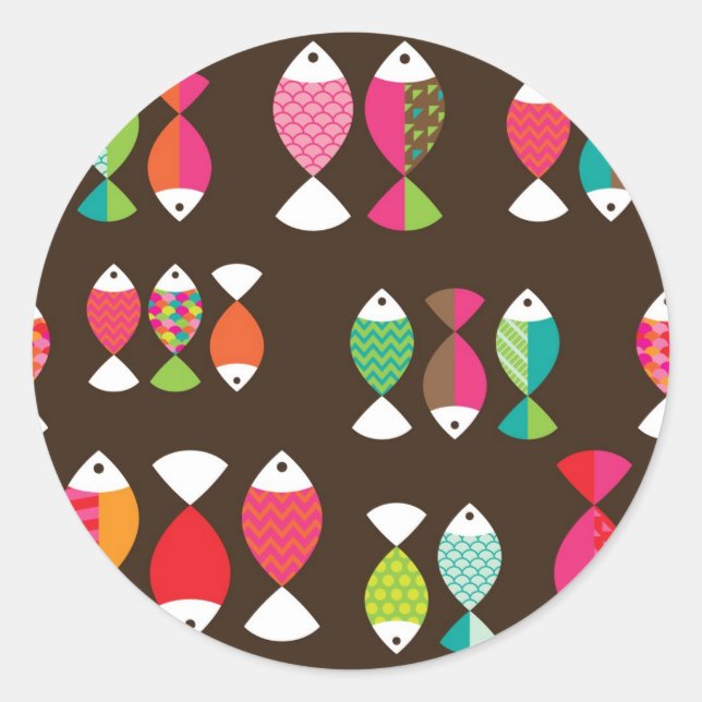 Abstract retro fish underwater pattern 2 classic round sticker (Front)