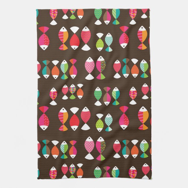 Abstract retro fish underwater pattern 2 kitchen towel (Vertical)