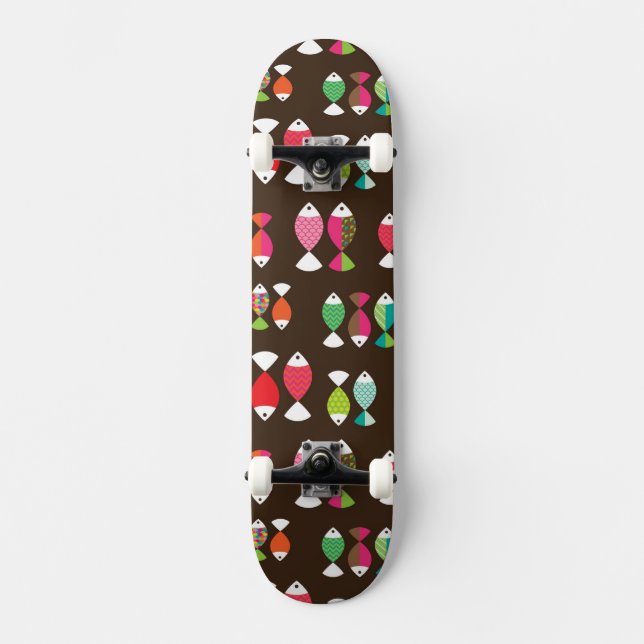 Abstract retro fish underwater pattern 2 skateboard deck (Front)