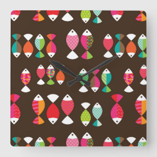 Abstract retro fish underwater pattern 2 square wall clock