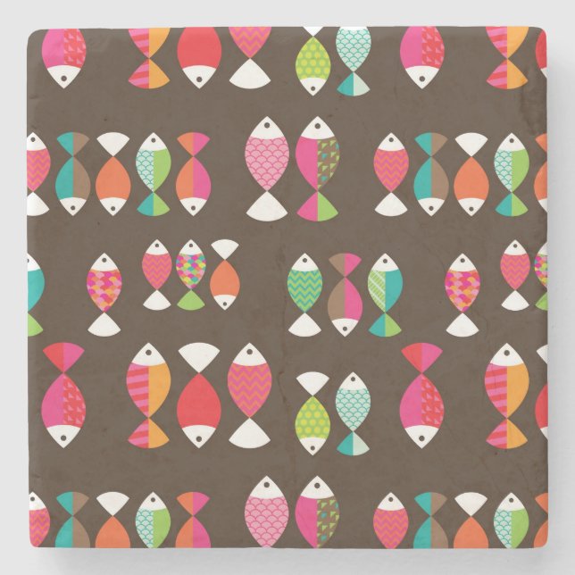 Abstract retro fish underwater pattern 2 stone coaster (Front)