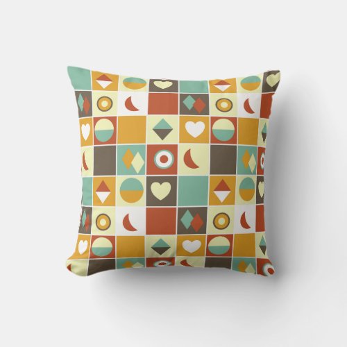 Abstract Retro Geometric Pattern Brown Yellow Blue Throw Pillow