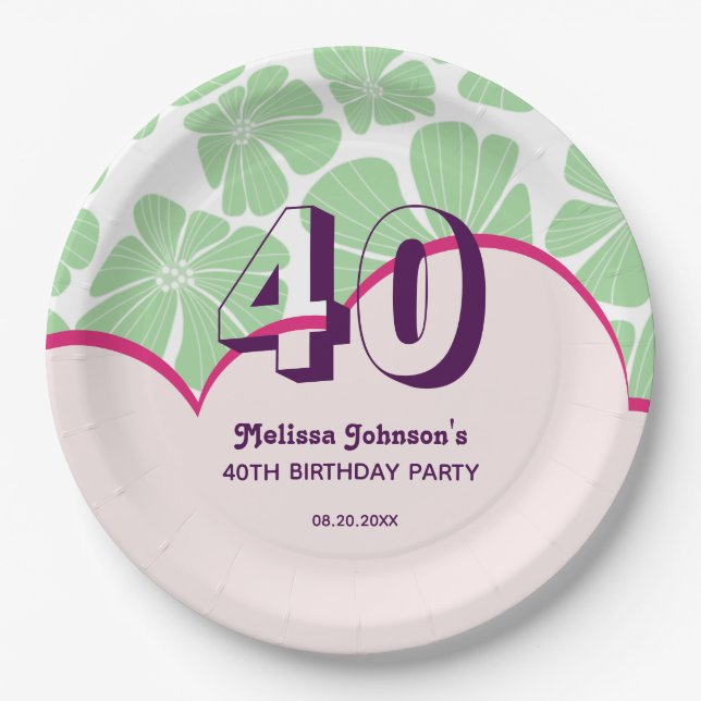 Abstract Retro Green Chamomile Flower Birthday Paper Plates (Front)