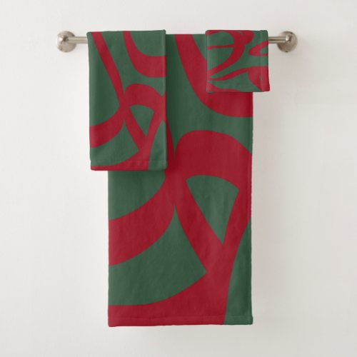 Abstract Retro Lines Midcentury Modern Red Green Bath Towel Set