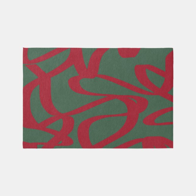 Abstract Retro Lines Midcentury Modern Red Green Rug (Front)
