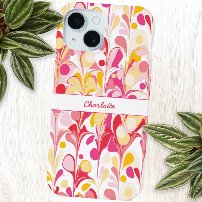 Abstract Retro Marble Pattern Pink Personalized Iphone Case (Modern retro marble pattern pink orange yellow personalized name cell phone case)