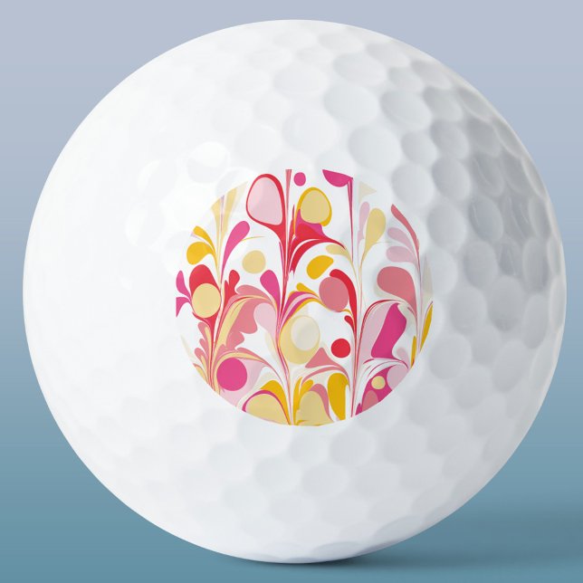 Abstract Retro Marble Pattern Pink Red Yellow Golf Balls (Retro marble pattern pink yellow golf ball)