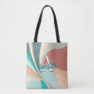 Abstract Retro Modern Peach Rust Teal Monogram Tote Bag