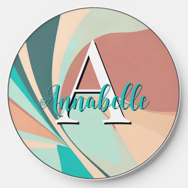 Abstract Retro Modern Peach Rust Teal Monogram Wireless Charger (Front)