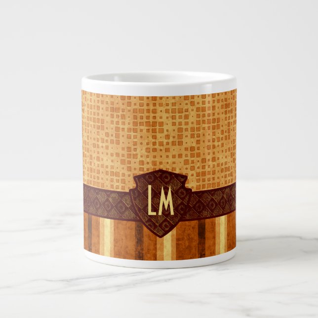 Abstract Retro Monogram Amber Brown Orange Pattern Giant Coffee Mug (Front)