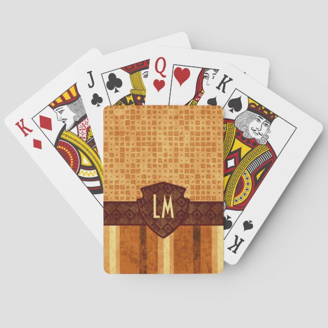 Abstract Retro Monogram Amber Brown Orange Pattern Poker Cards (Back)