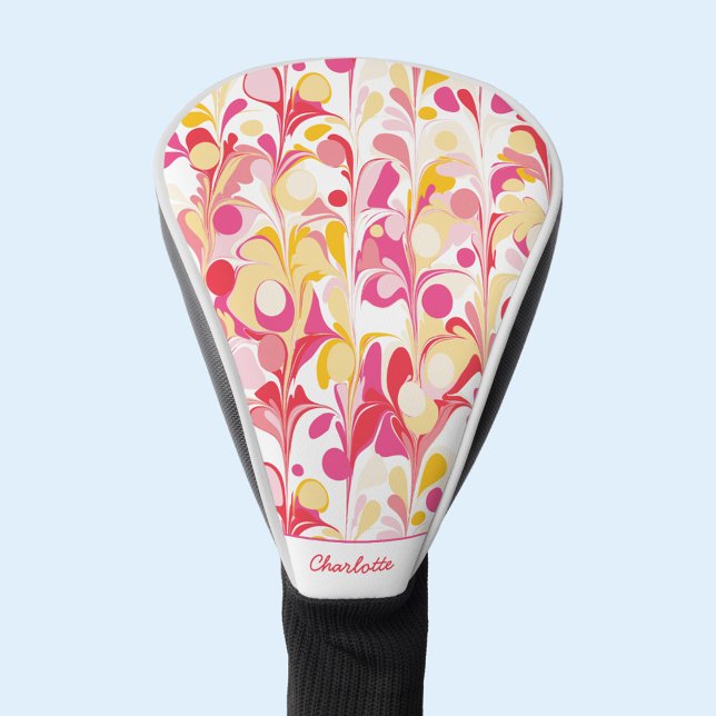 Abstract Retro Pattern Pink Personalized Golf Head Cover (Modern retro marble pattern custom name personalized golf head cover)