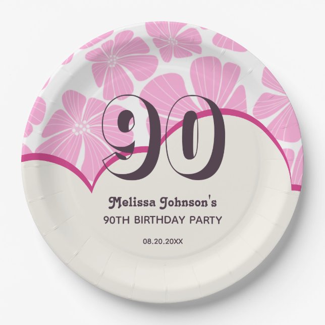 Abstract Retro Pink Chamomile Flower Birthday Paper Plates (Front)
