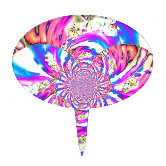 Abstract retro pink floral mandala pink orchids cake topper (Front)