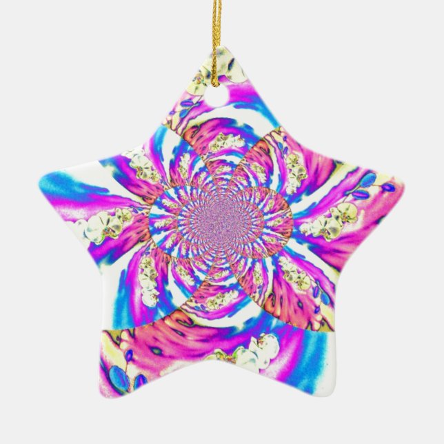 Abstract retro pink floral mandala pink orchids ceramic ornament (Front)