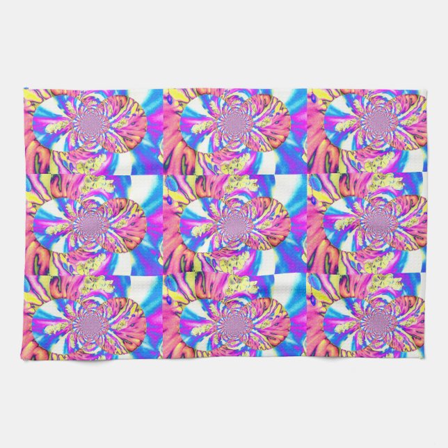 Abstract retro pink floral mandala pink orchids kitchen towel (Horizontal)
