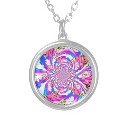 Abstract retro pink floral mandala pink orchids silver plated necklace