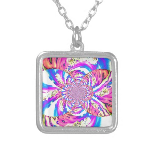 Abstract retro pink floral mandala pink orchids silver plated necklace