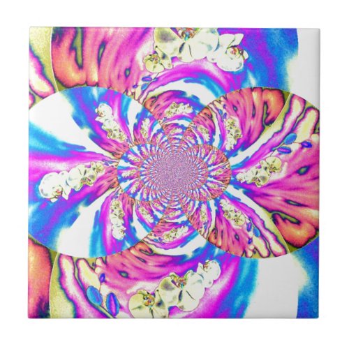 Abstract retro pink floral mandala pink orchids tile
