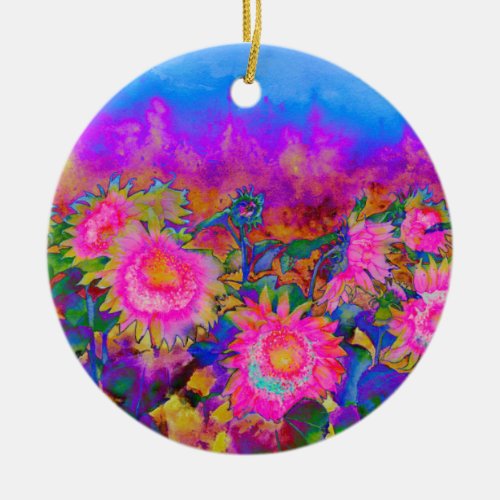 Abstract retro pink floral pink sunflower fields  ceramic ornament